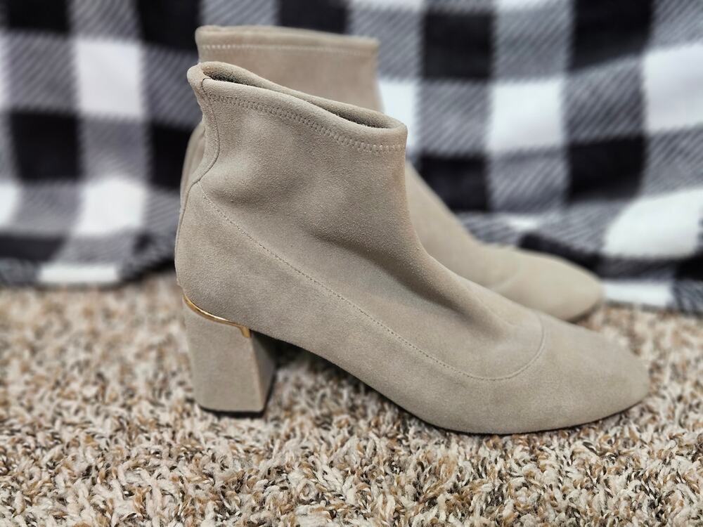 Cole Haan Grand Ambition Stretch Booties Taupe Suede Block Heel 6.5B